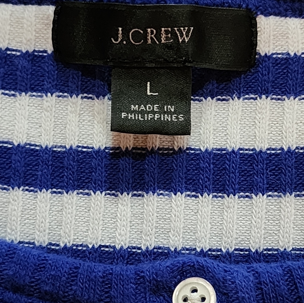 J. Crew Blue White Striped Henley Top Large Ribbed Knit Nautical Casual Tee - Picture 6 of 7